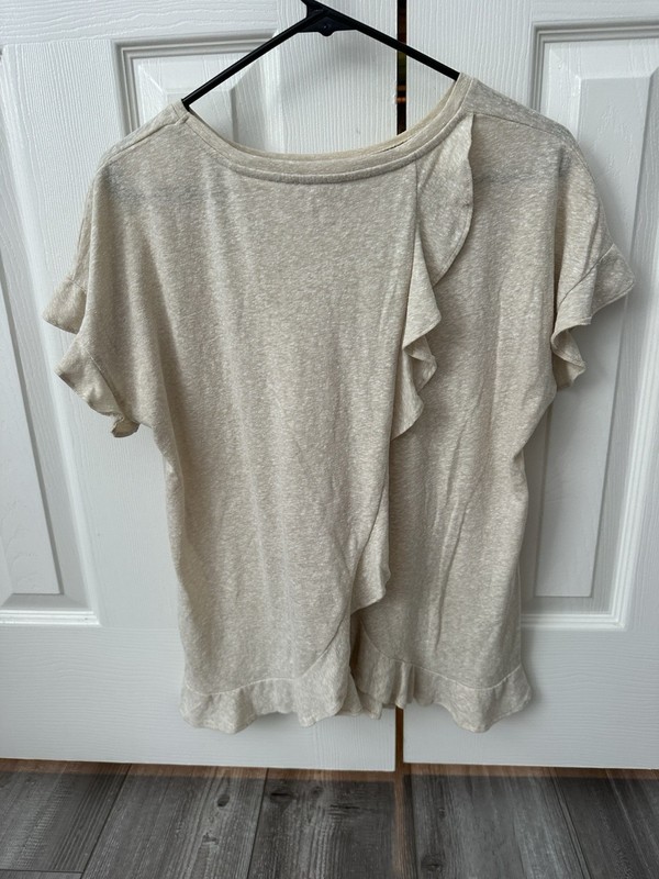 Womens Mi Ami Oatmeal/Beige Short Sleeve Cross Back Ruffle Top sz Med
