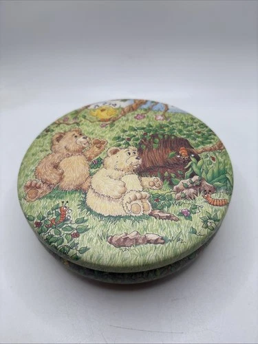 Vtg Colorful Cave Bears Collectible Tin With Lid Illustrated Inside & Out GUC