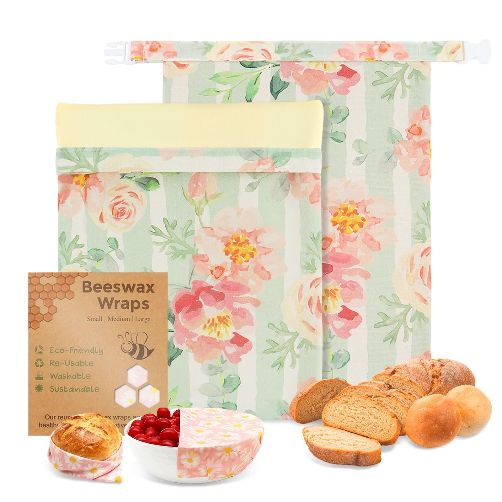 2 Pack Reusable Beeswax Bread Bags with 2 Wraps, 100% Premium Cotton Bread St...