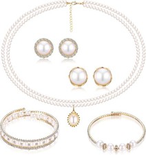 Pearl Rhinestone Jewelry Set for Women Pearl Necklace Bracelet Earrings