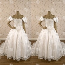 Stain Wedding Dress Off Shoulder Sweep Train Lace Applique Vintage Bridal Gown