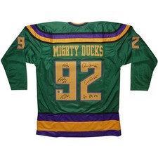 Mighty Ducks Cast Autographed (Green #92) Custom Hockey Jersey w/ Ducks Fly Toge