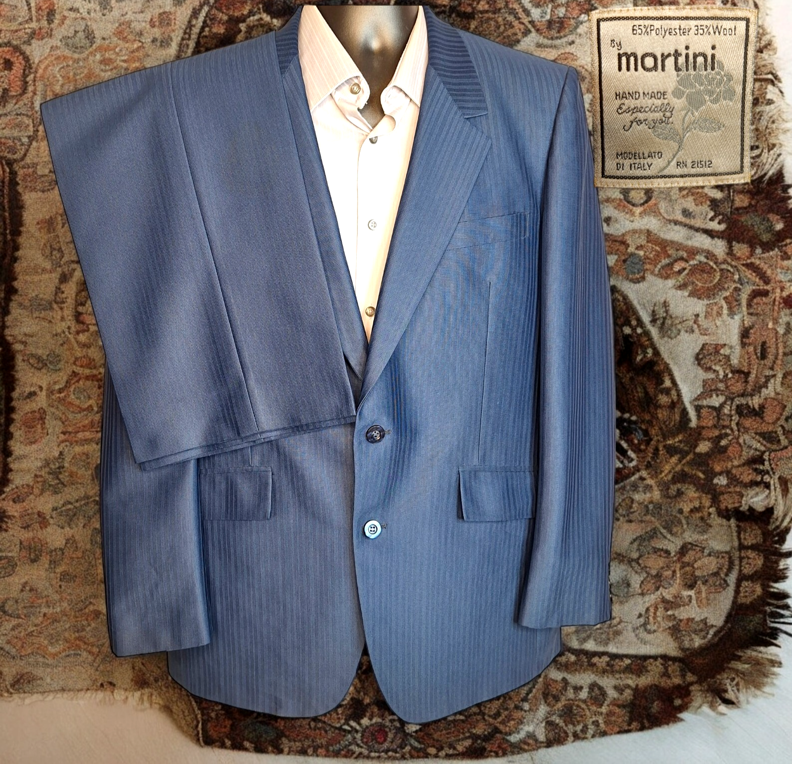 Martini 2 Piece Suit Mens 42R 34X28 Blue Textured Stripe Korea Double Vented