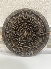 Hand Painted Mayan Calendar  8” X 8” 3d Relief Sculpture Wall Art Round Plaque