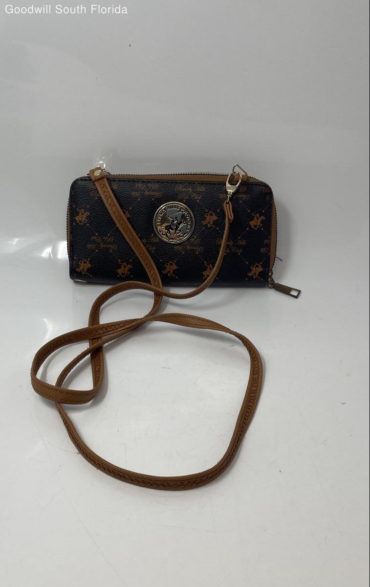 Beverly Hills Polo Club Womens Brown Monogram Faux Leather Crossbody Handbag