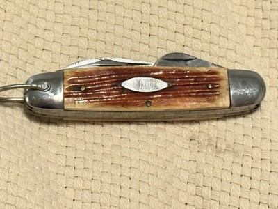 Vintage Sabre Japan 4-Blade Scout Camp Pocket Knife Multi-Tool Jigged Handle