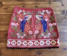 Altar d State Short Skirt Large Embroidered Birds Suede Look Pom Poms Lined