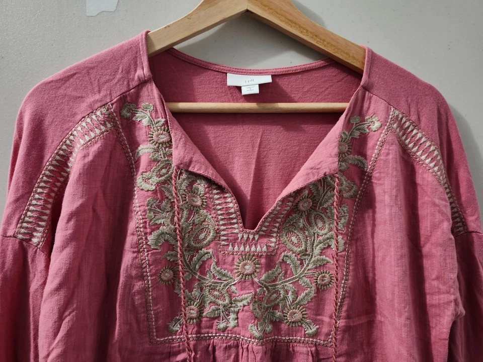 J Jill Top Womens S Petite Pink Oversize Tunic Long Sleeve Embroider Tassel Boho - Image 3 of 4