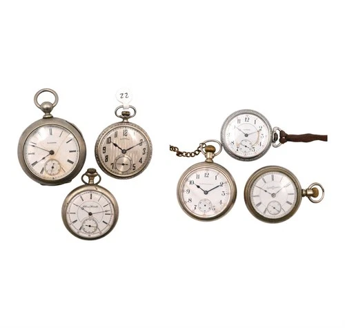 6 ANTIQUE GENTS ILLINOIS OPEN FACE HAND WOUND POCKET WATCH LOT SILVEROID SS