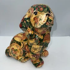 Floral Decoupage Porcelain Patchworks Puppy Dog Figurine by Joan Baker Designs