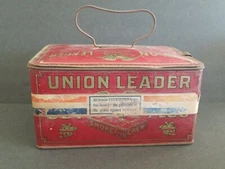 ORIGINAL VINTAGE UNION LEADER CUT PLUG TOBACCO TIN W/RARE BAND,SIDE CLIP