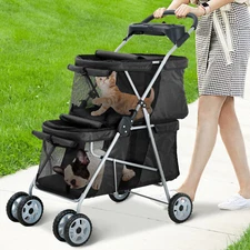 4 Wheels 2 Cages Pet Stroller Travel Cage Folding Carrier w/Cup Holders Soft Pad
