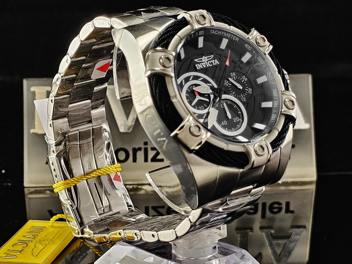 New Invicta Men's BOLT 52mm Chronograph Quartz Black Dial SS