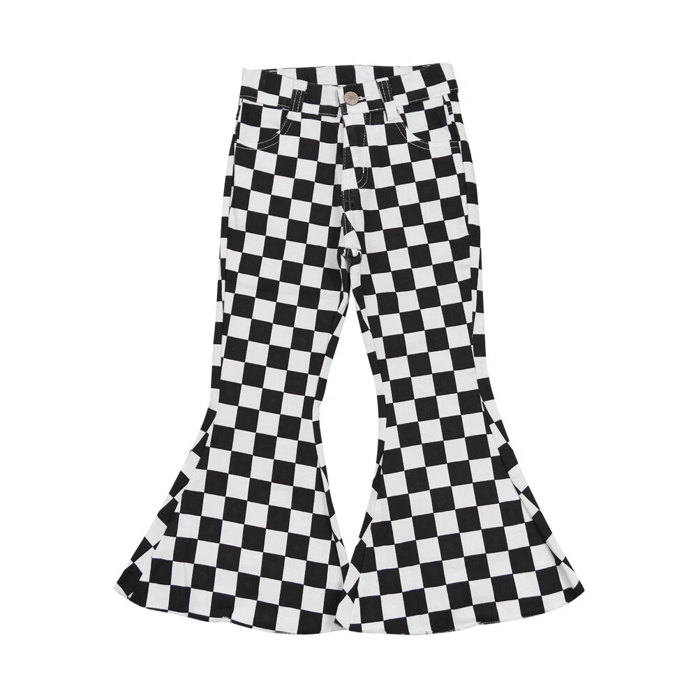 Black White Checker Print Jeans Kids Girls Boutique Bell Bottom Denim Denim Pant