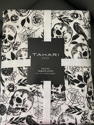 Tahari Halloween Tablecloth Skulls Roses Crows Spider Webs 60 x104  Black White