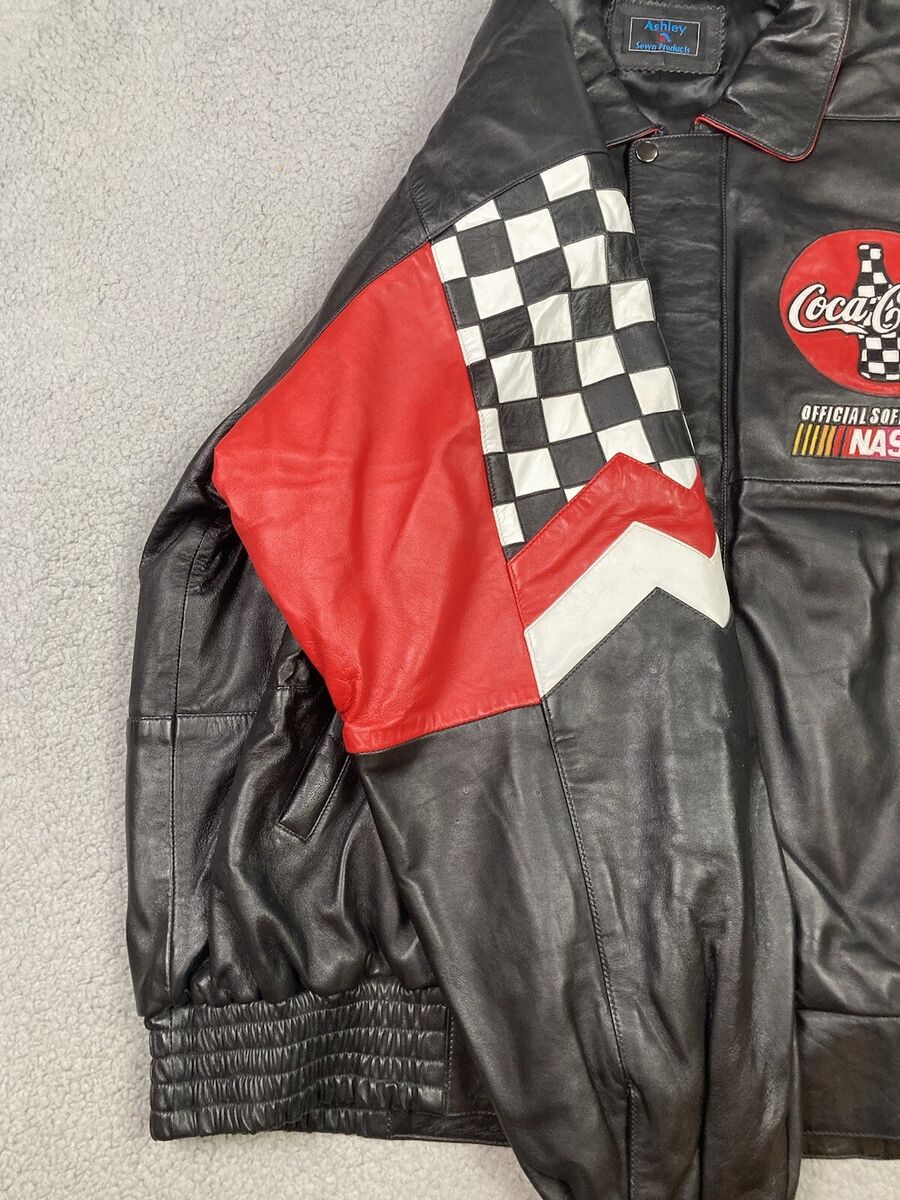 Coca Cola NASCAR Co Branded Leather Jacket Mens Black Extra Coca Cola NASCAR Co Branded Leather Jacket Mens Black Extra