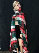 Vtg 70s Long Plaid Cape Poncho Coat Wrap Blanket Open Detach Hood Fuzzy One Size