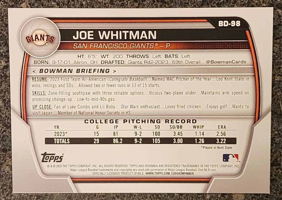 Joe Whitman Signed IP 2023 Bowman Draft Card #BD-98 SF Giants #5 Prospect! - Image 2 of 2