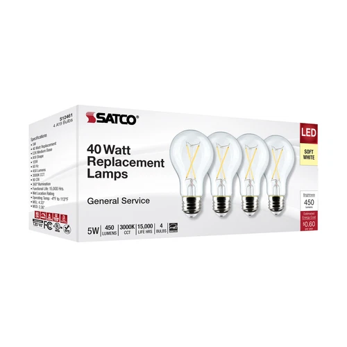 4 Pack Satco S12461 LED Filament 5W =40W A19 Medium E26 Clear 3000K Soft White - Picture 6 of 11