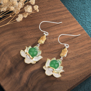 Authentic Jade Drop Dangle Earrings Lotus Flower Gemstone Boho 18K White Gold Plated