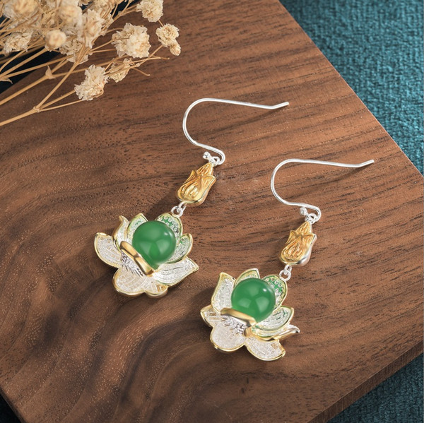 Alternate view of Jade Drop Dangle Earrings Lotus Flower Gemstone Boho 18k White Gold Plated