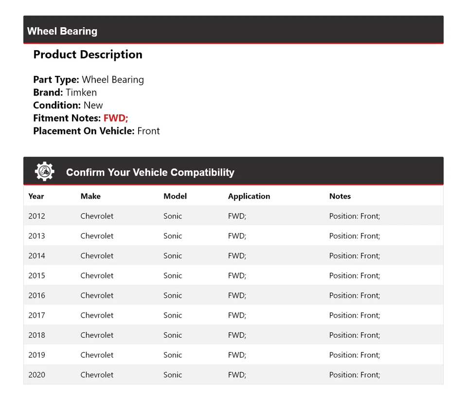 Cojinete de rueda delantero Timken 2013 2014 2015 2016 para Chevrolet Sonic 2012-2020 tracción delantera Foto 2 de 4