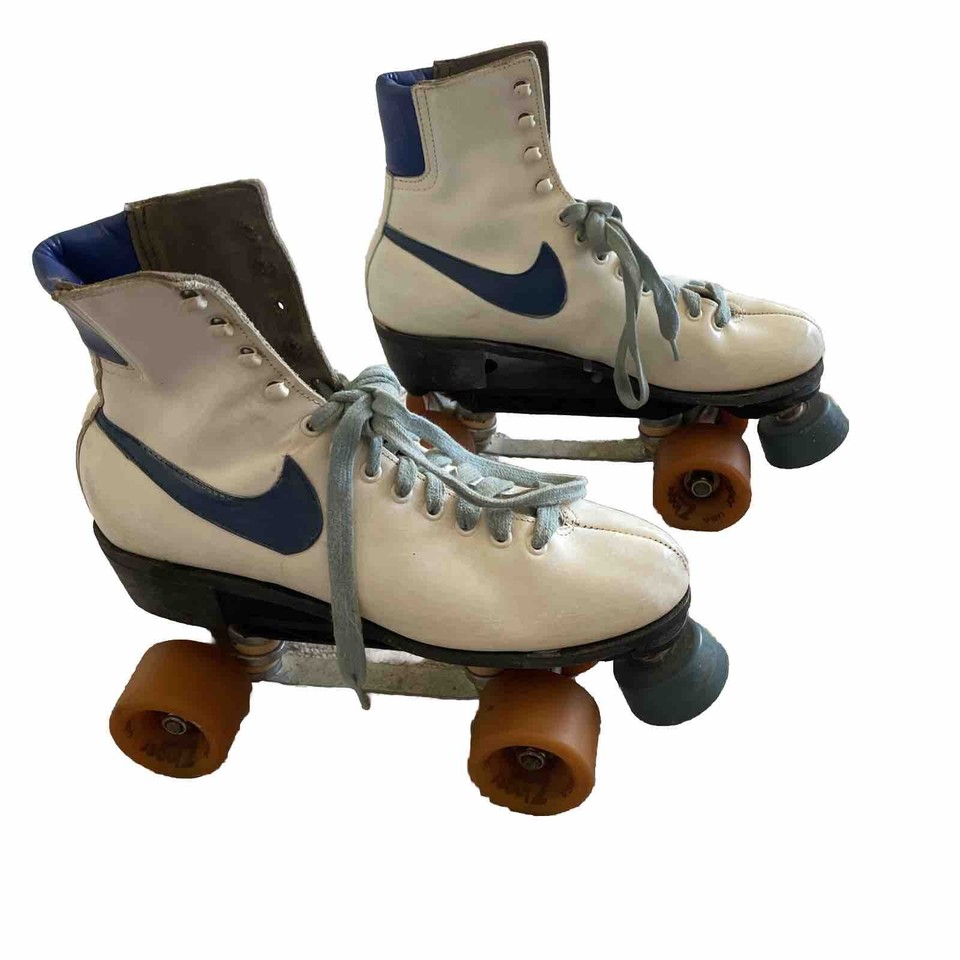 Vintage 1980’s Nike Quad Roller Skates White Leather Blue Swish Zinger