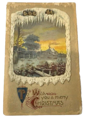 Antique Merry Christmas Postcard 3D Embossed Winter Scene Snow