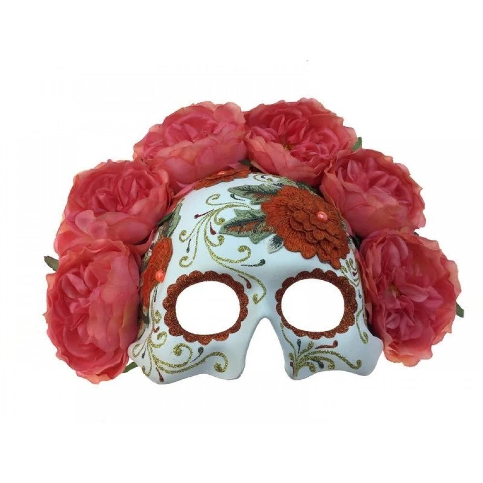 Day of the Dead Dia de los Muertos Embroidery Half Face Masquerade Mask [Coral] - Image 2 of 3