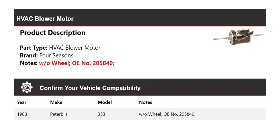 For 1988 Peterbilt 353 HVAC Blower Motor 4 Seasons - Image 2 of 4