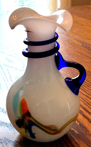 Vintage Murano Glass Vase Swirl Cobalt Blue Wrap Snake Handle Italy Art