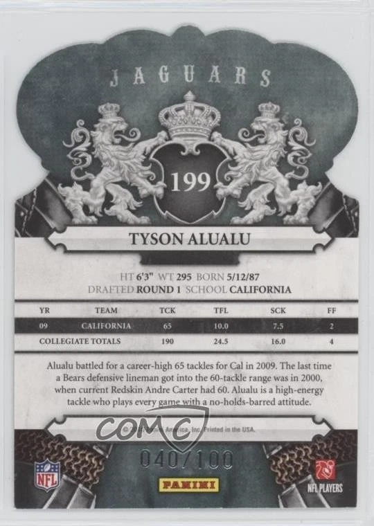 2010 Panini Crown Royale Blue /100 Tyson Alualu #199 Rookie RC - Image 2 of 2