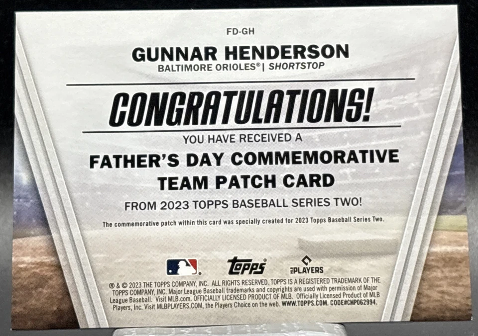 🔥🔥 2023 Topps Gunner Henderson RC Fathers Day Orioles Team Patch SP Qty🔥🔥 - Image 2 of 2