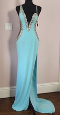 Jovani Couture Prom Gown Light Blue Crystal Beaded V Neck Open Back Size 4 NWT