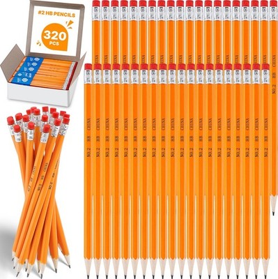 320 Pack #2 HB Pencils Bulk, Yellow Pencils with Erasers, Pre-sharpened Graph...