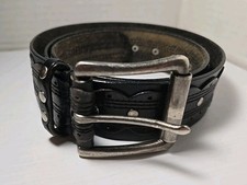 Vtg Scalloped And Studded Dark Chocolate Brown Leather Belt With Silver Buckle M