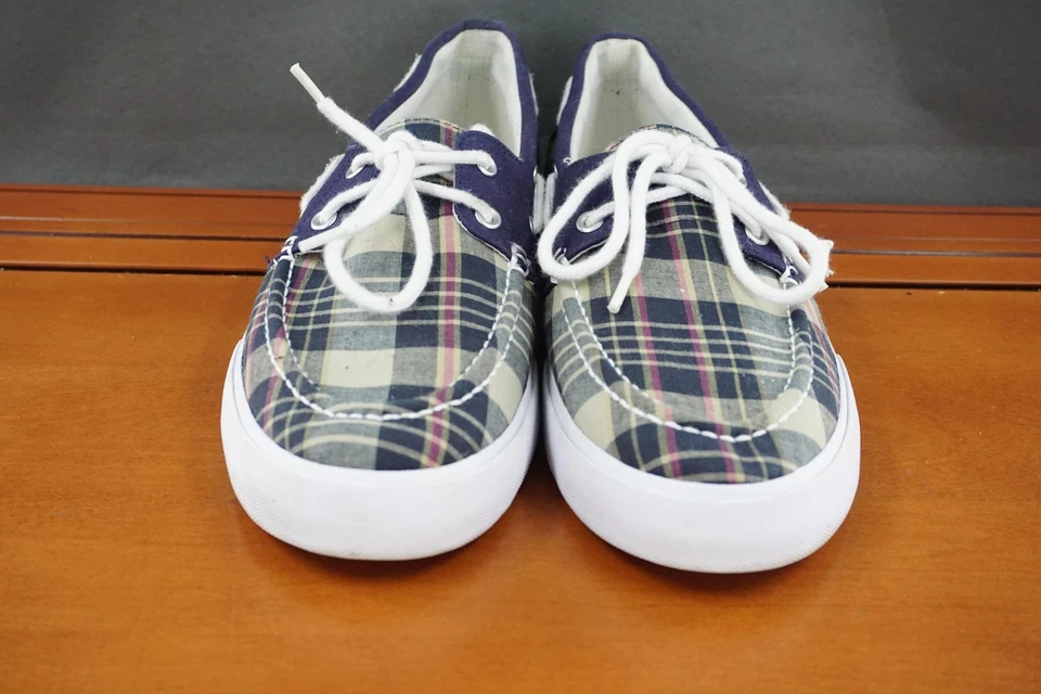 Zapatos de barco Polo Ralph Lauren Lander para hombre talla 10 a cuadros Madras lona con cordones Foto 2 de 4