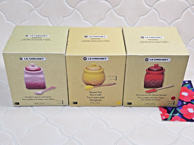 Le Creuset Jam Jar Honey Pot 3pcs Set 15 oz Spreader Dipper Spoon Stoneware Box