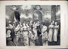 Original Old Antique Print 1885 Christmas Eve Ladies Retreat Dancing Dresses