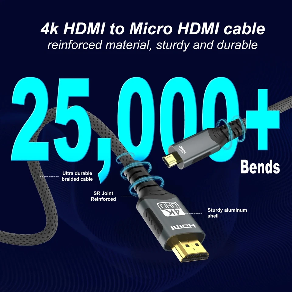 Micro HDMI to HDMI Cable Braided 4K@60Hz 2K@165Hz Camera Monitor Cord USA - Image 4 of 4