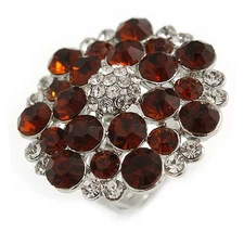 Silver Tone Amber/ Clear Diamante Cocktail Ring (Adjustable Size 7/8)