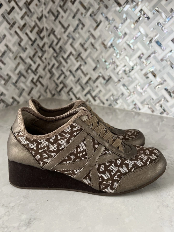 DKNY Donna Karan Brown/Tan Logo Print Wedge Heel Sneakers Size 6.5 - Image 4 of 4