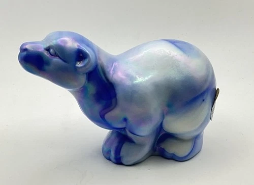 FENTON ART GLASS COBALT/MILK GLASS SLAG IRIDESCENT POLAR BEAR FIGURINE