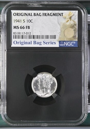 1941 S MERCURY DIME 10C NGC MS 66 FB ORIGINAL BAG FRAGMENT Certified Coin