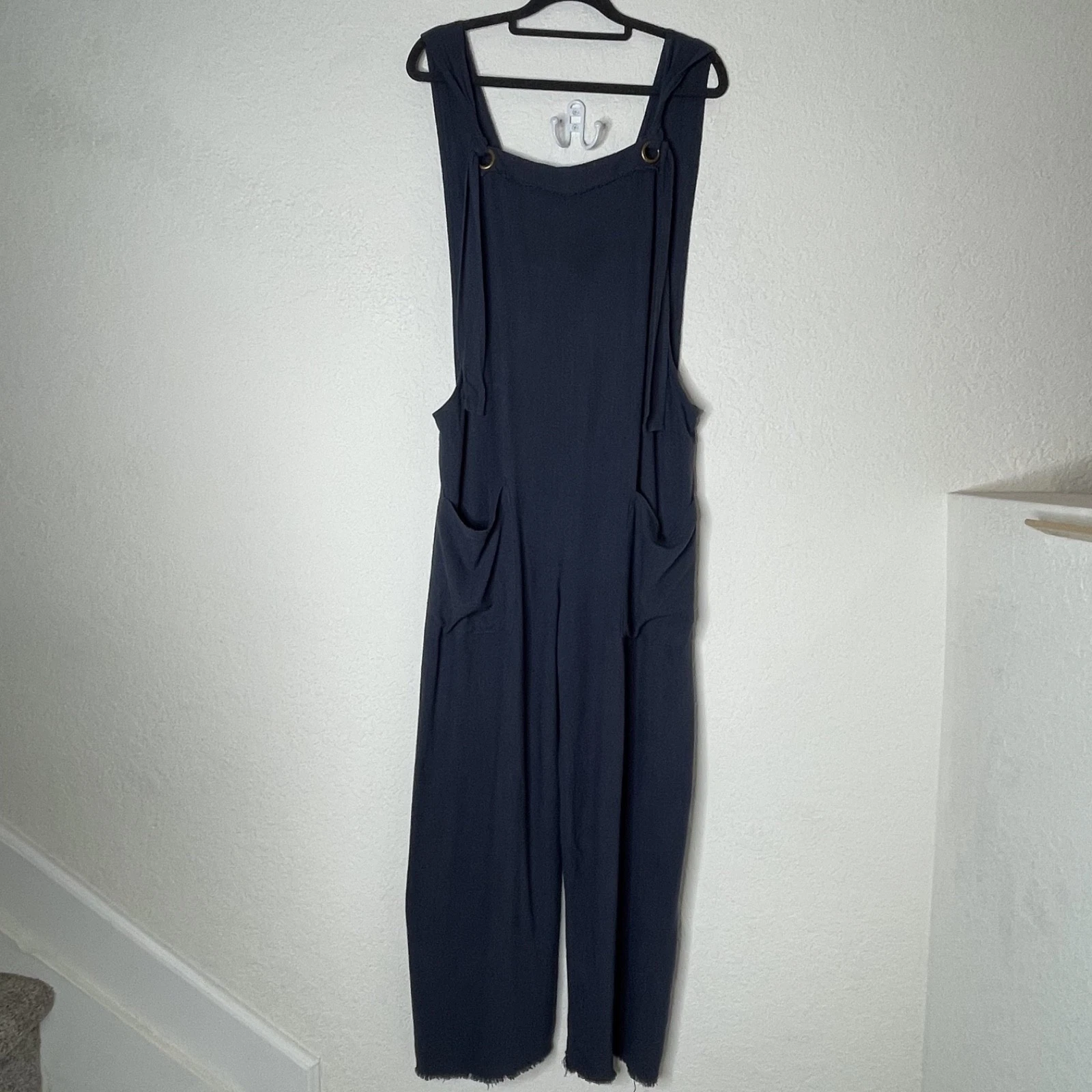 Natural Life Linen Blend Jumpsuit Blue Sz L Raw Trim Lagenlook Boho Blue