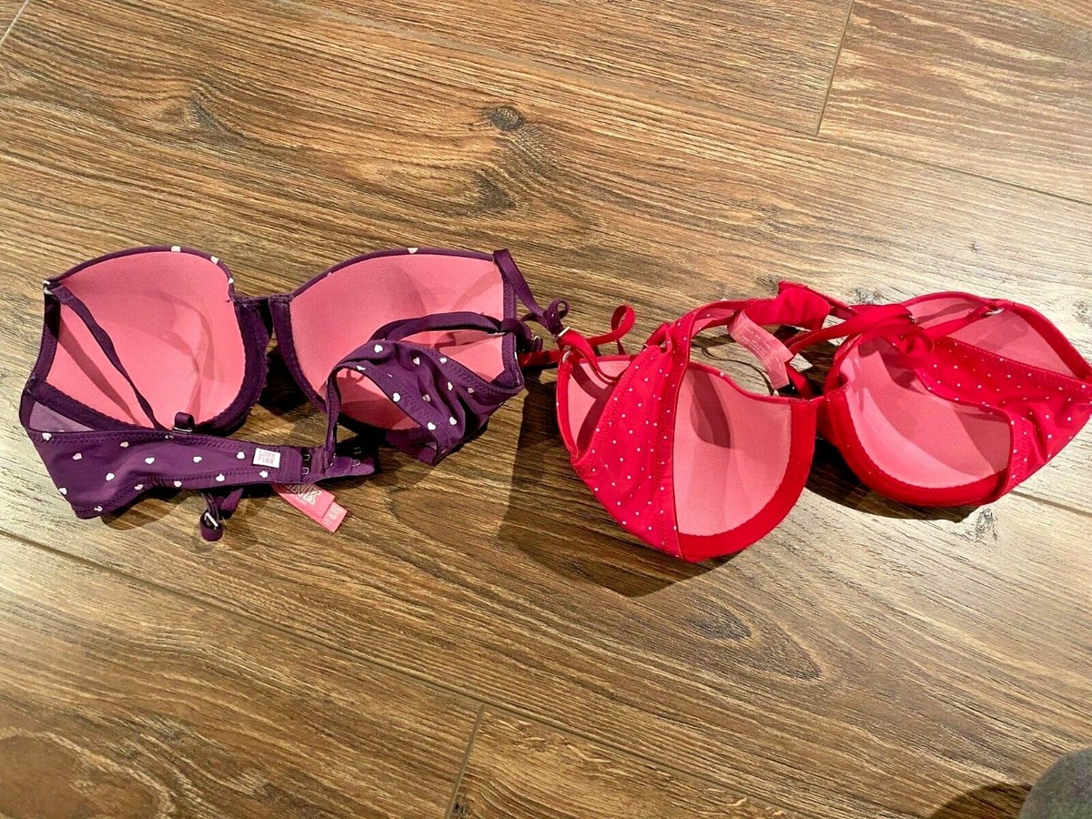 Lot De 2 Soutiens-gorge Victoria's Secret 32B - Cœurs Violets & Roses à Pois, Push-up, Occasion Très Bon état