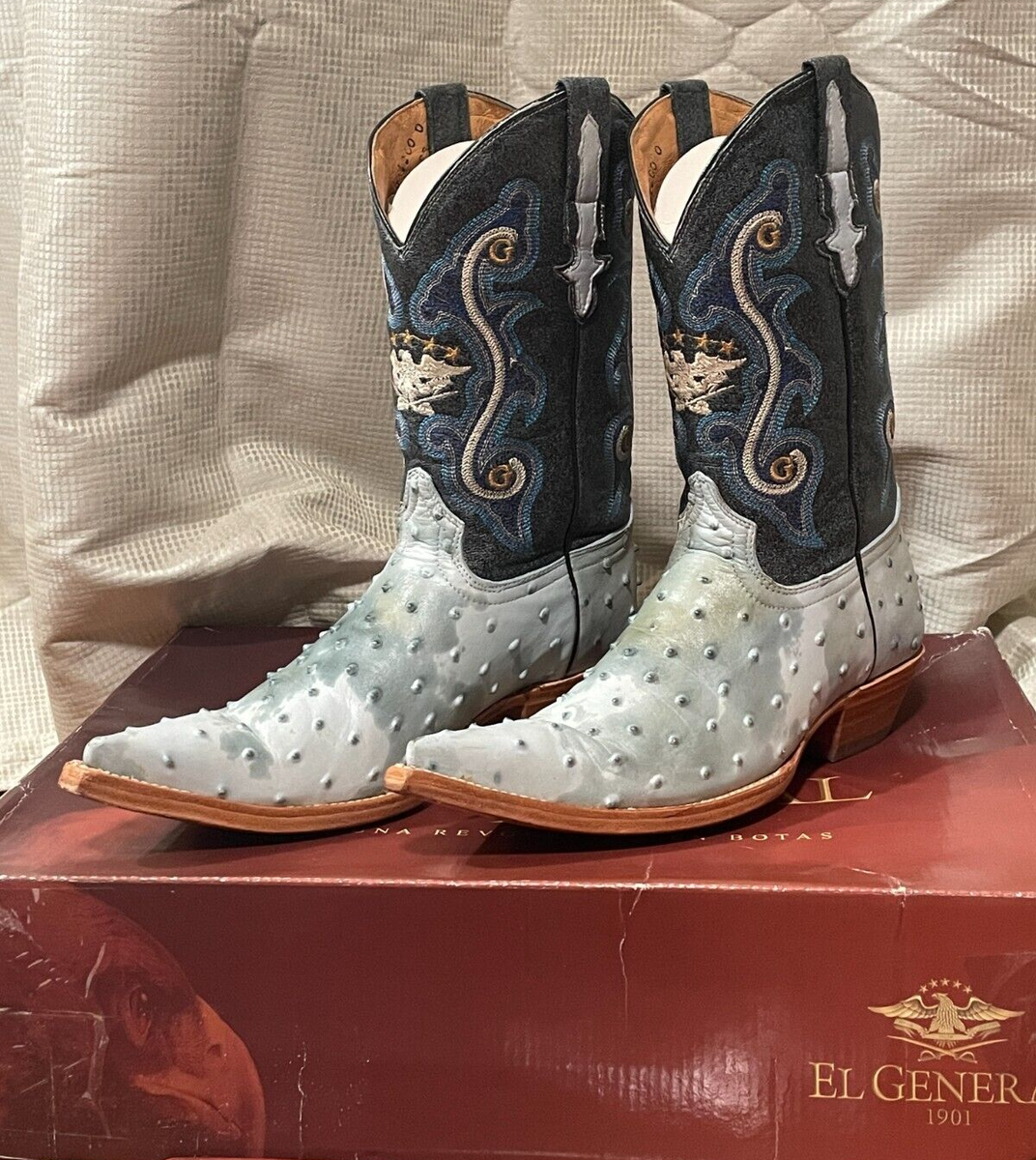 El General 1901 Blue Leather Ostrich Embossed Cowboy Boot  display picture 1