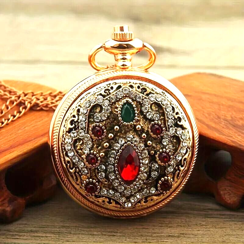 Orologio da tasca retrò splendido gemma rossa unisex flip vintage orologio da tasca regalo oro