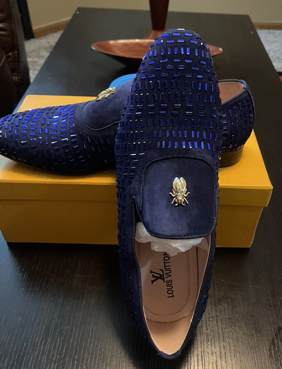 New Louis Vuitton Velvet Bleu Rhinestones Men Shoes Size 45