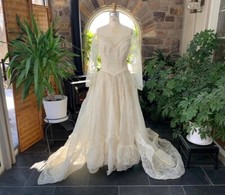Vintage 1940s Ivory Floral Flocked Organdy Wedding Dress Long Train Wounded Bird